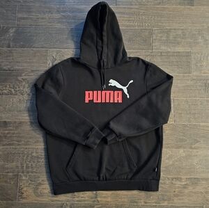 PUMA Men's Classic Black Hoodie with Bold Red PUMA Name & White Puma Logo Sz Lg